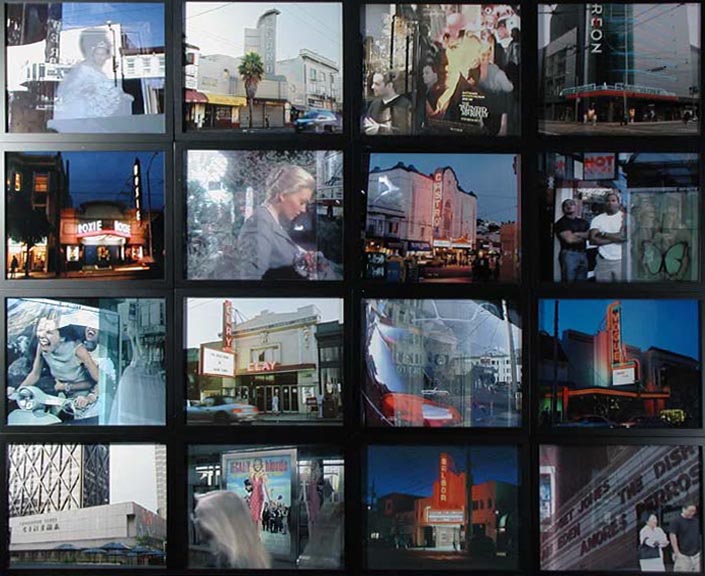 Grid of movie stills and theaters by Chip Lord