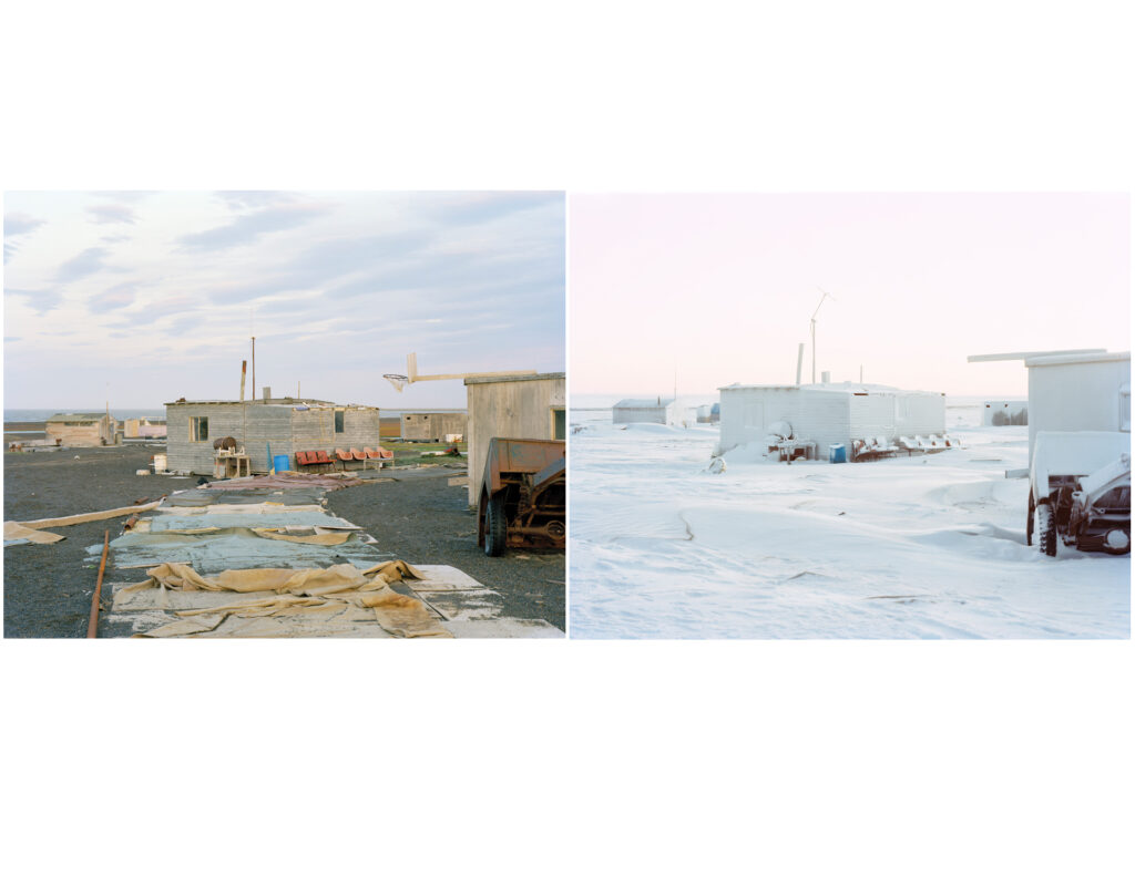 Diptych of a cabin in a flat landscape from faraway in winter and in summer