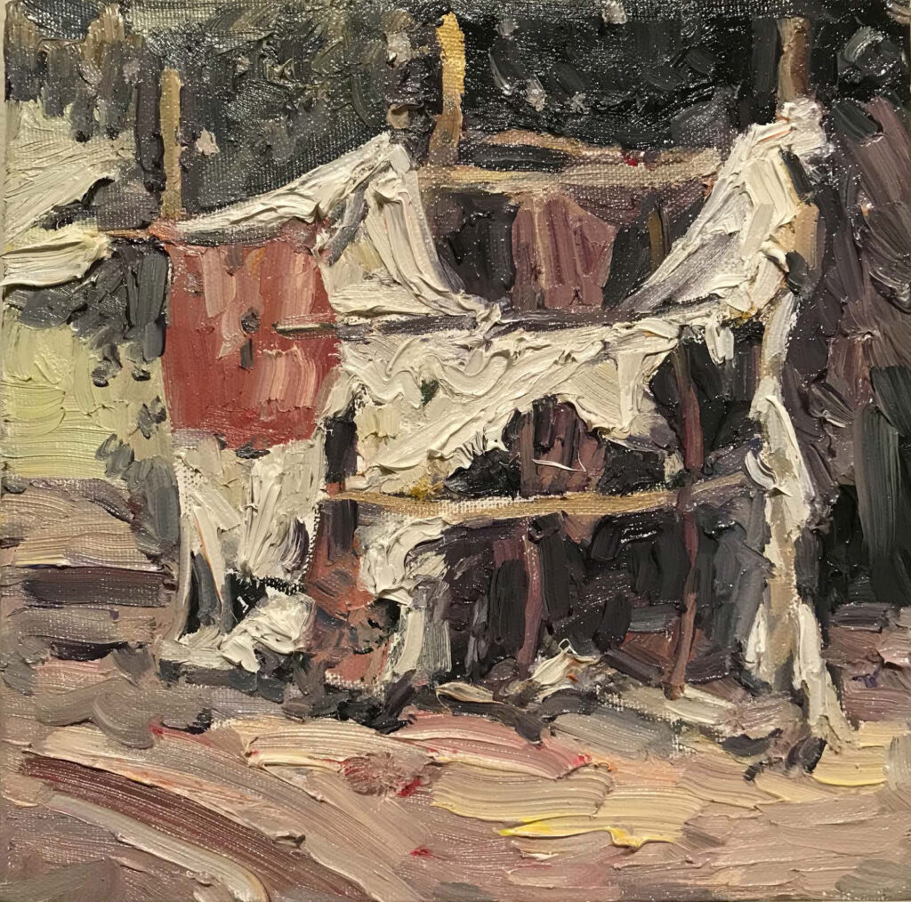 Painting of shack by Hung Liu