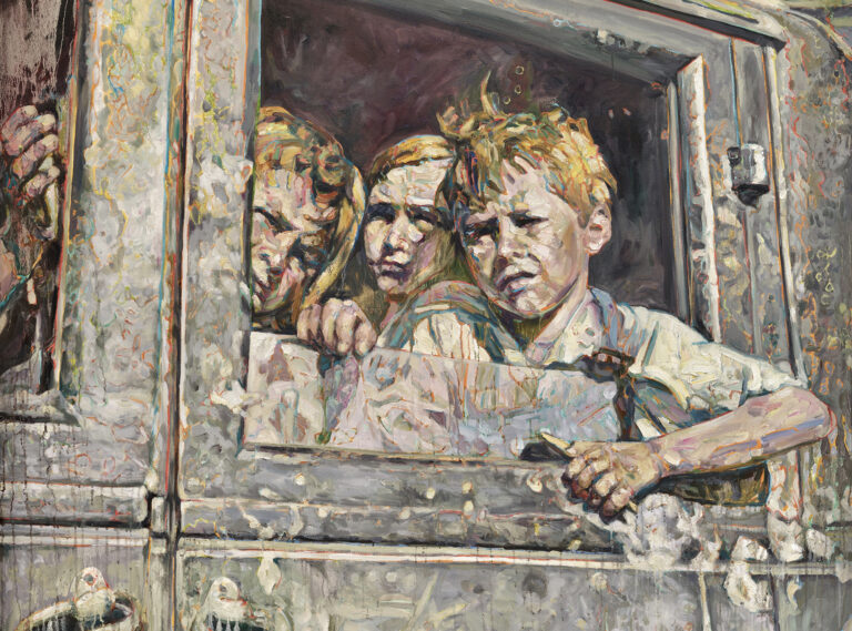 Kids in car window by Hung Liu